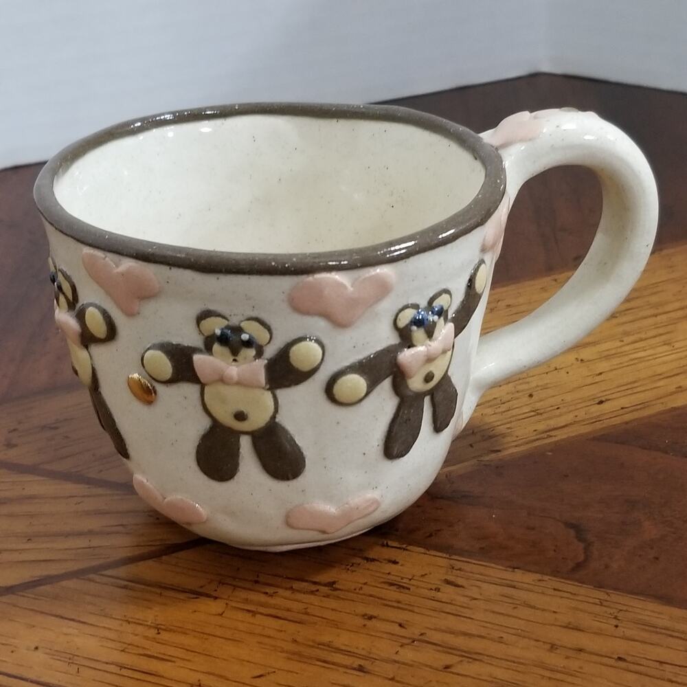 Signed coffee mug pottery/clay teddy bears and hearts Signed